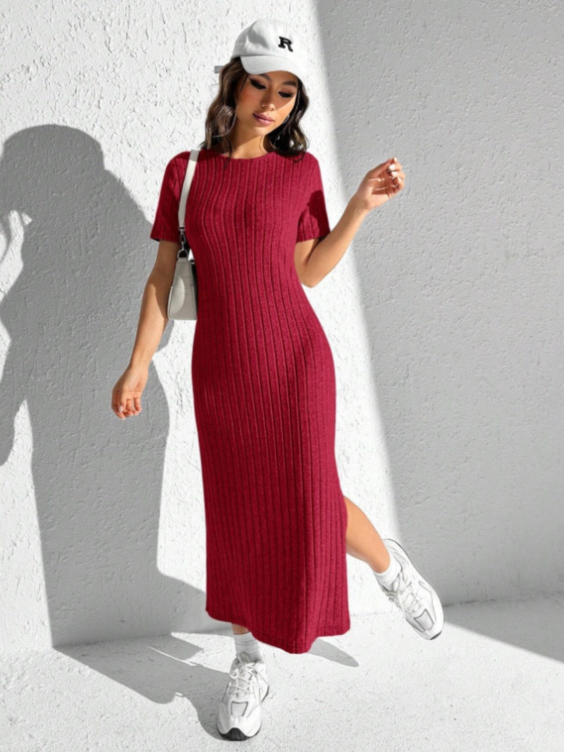 Comfy Slit Round Neck Short Sleeve Sweater Dress