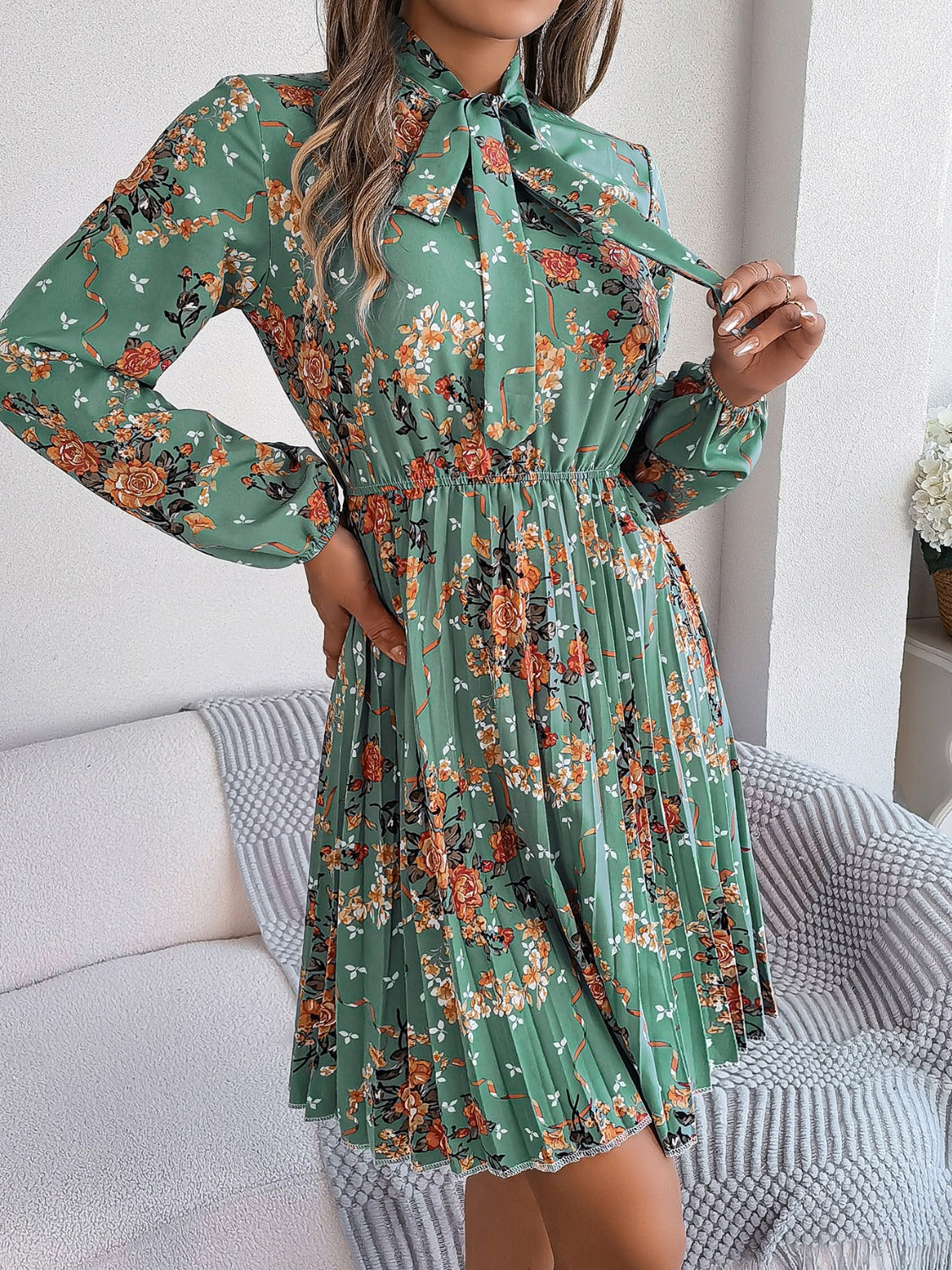 Pleated Floral Tie Neck Long Sleeve Dress