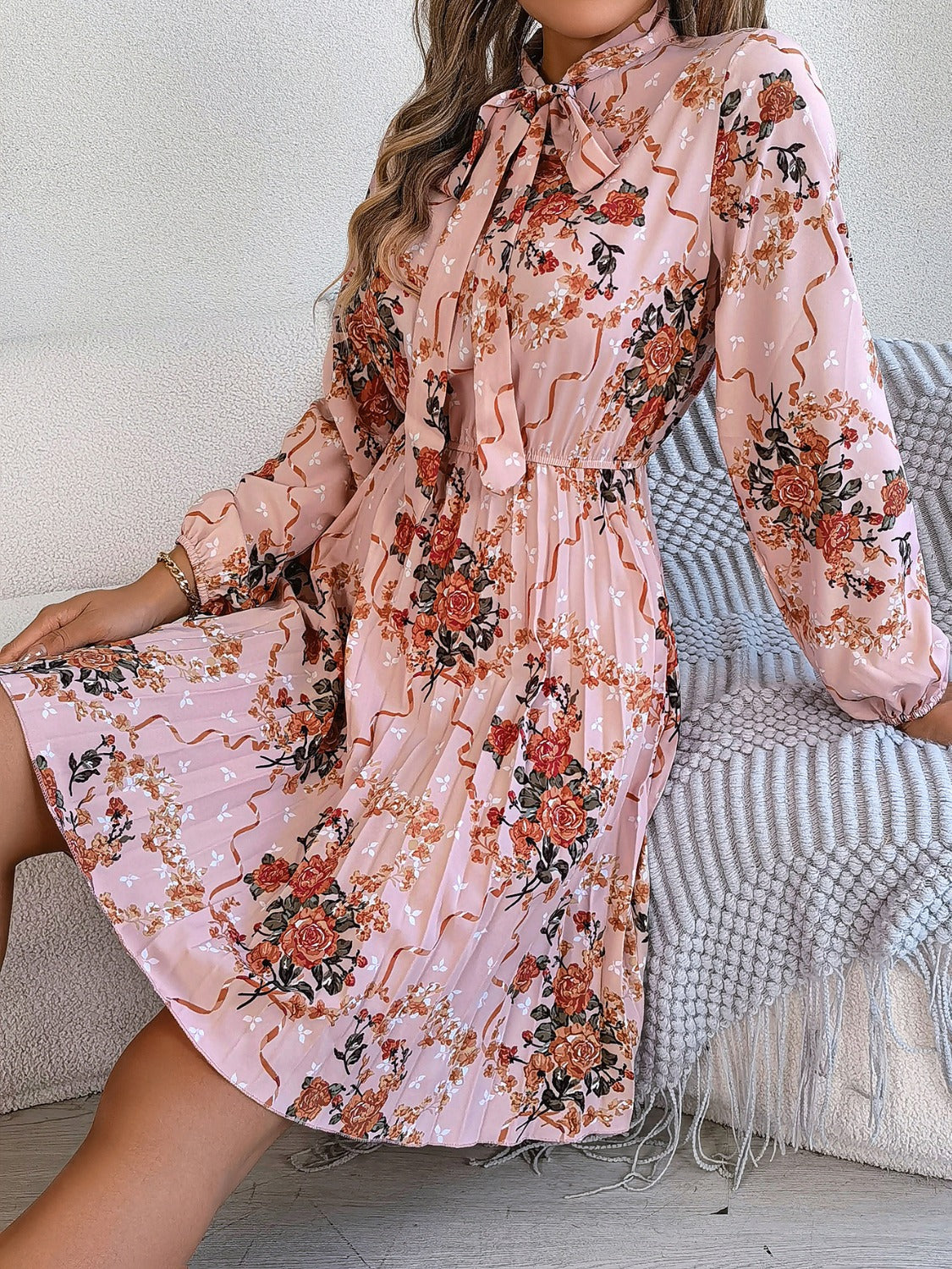 Pleated Floral Tie Neck Long Sleeve Dress