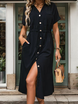 Black Slit Drawstring Button Up Short Sleeve Midi Dress