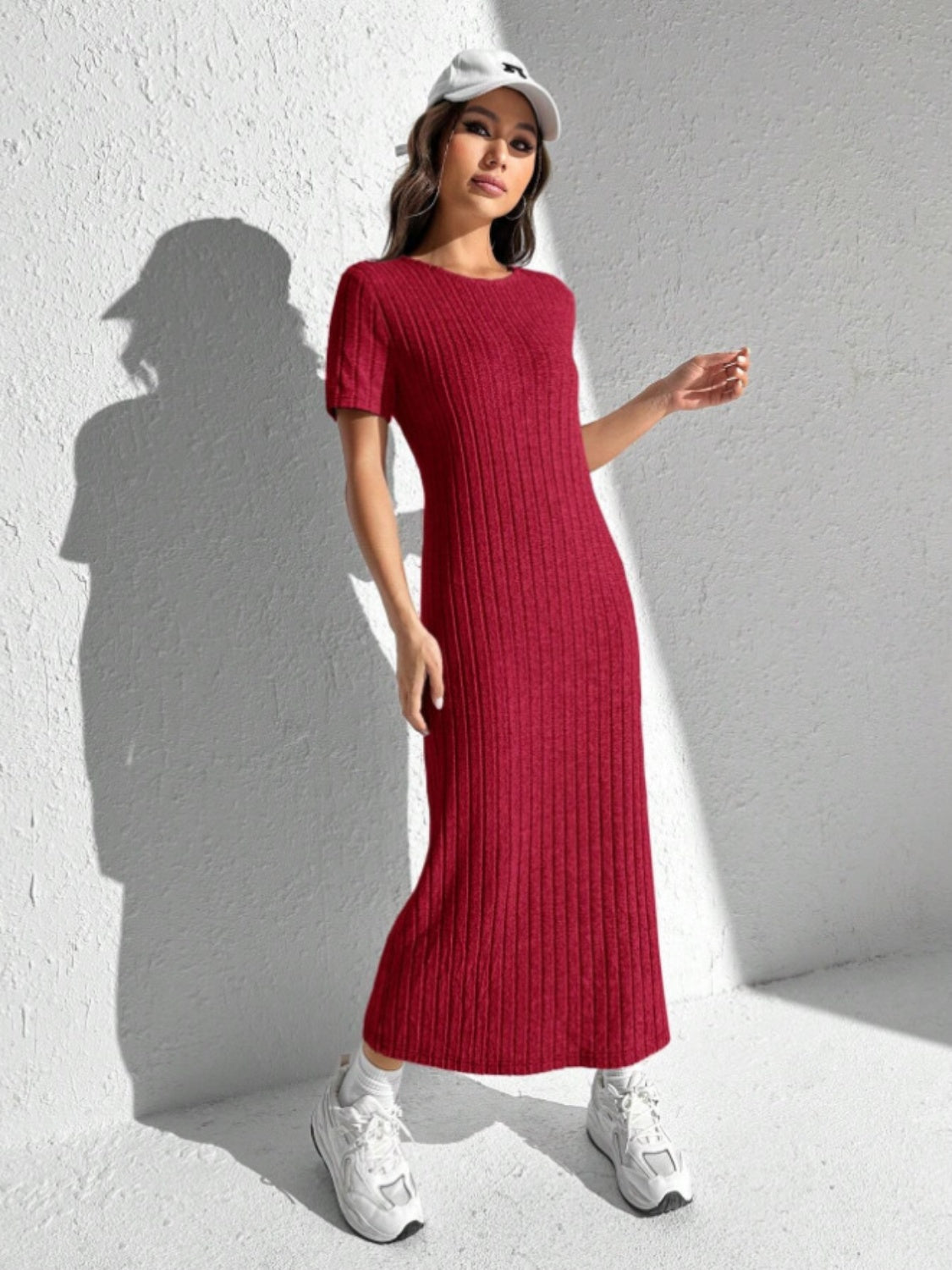 Comfy Slit Round Neck Short Sleeve Sweater Dress