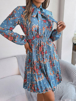Pleated Floral Tie Neck Long Sleeve Dress
