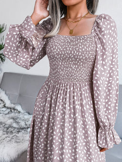 Smocked Square Neck Flounce Sleeve Dress