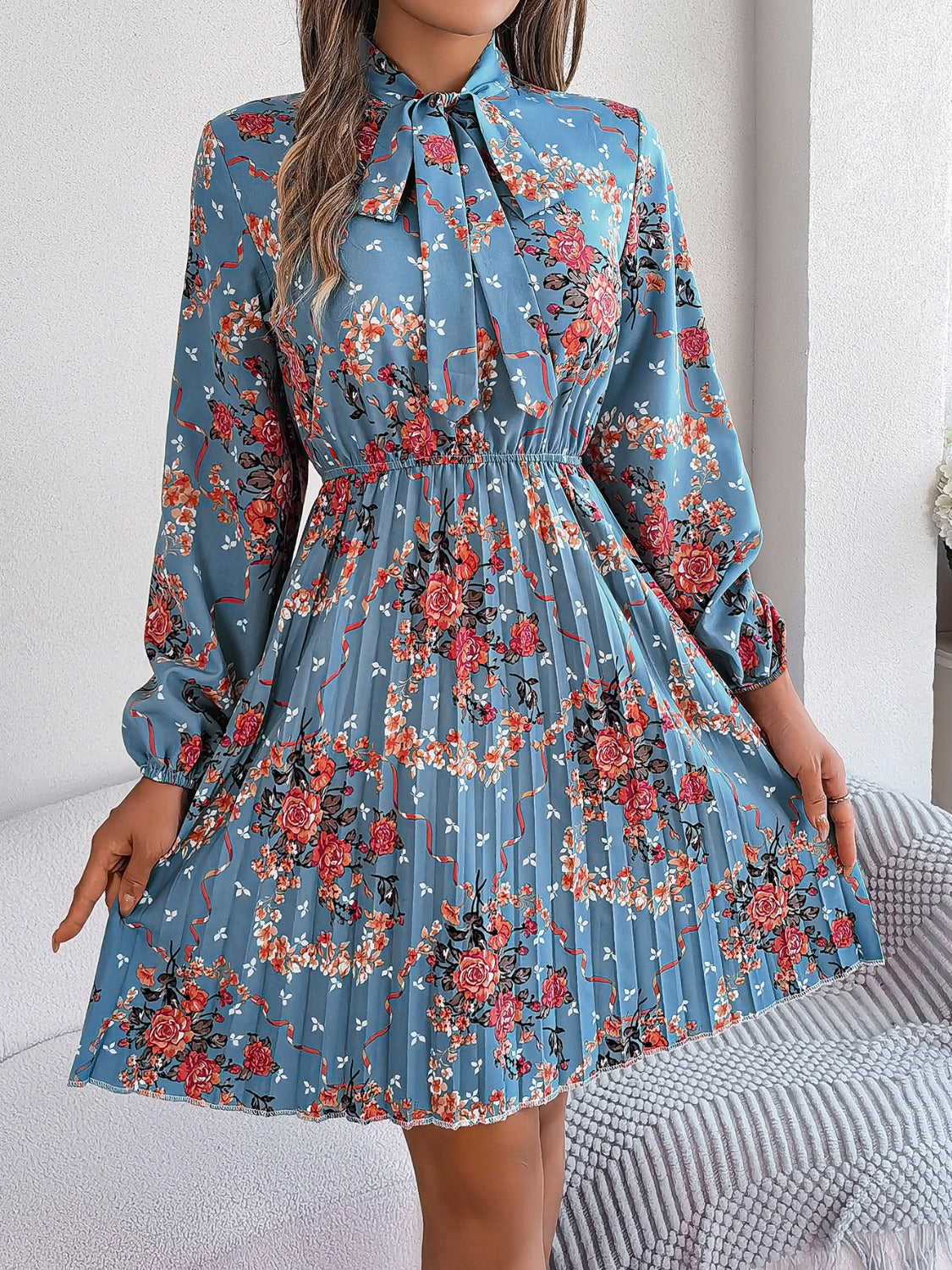 Pleated Floral Tie Neck Long Sleeve Dress