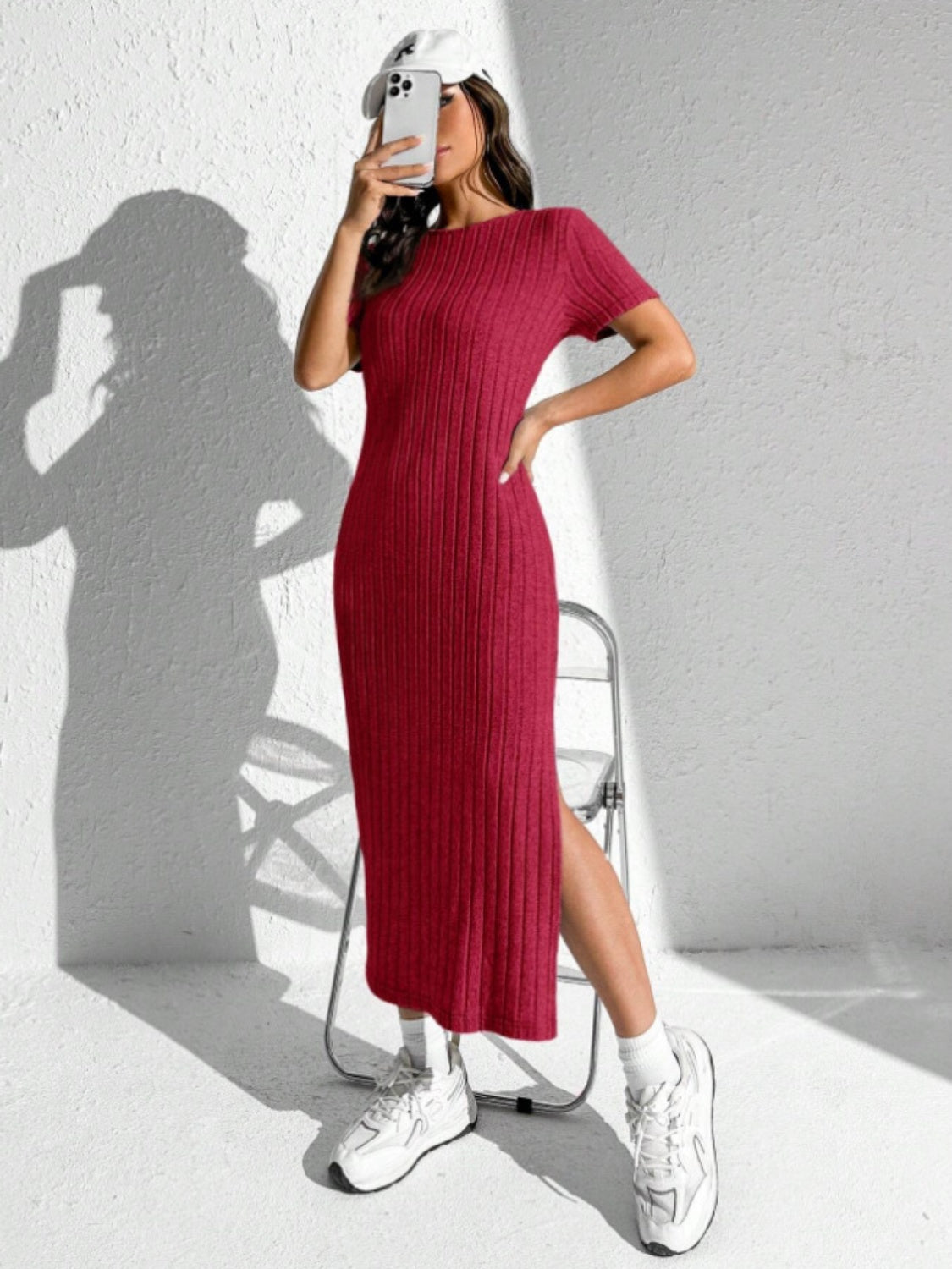Comfy Slit Round Neck Short Sleeve Sweater Dress