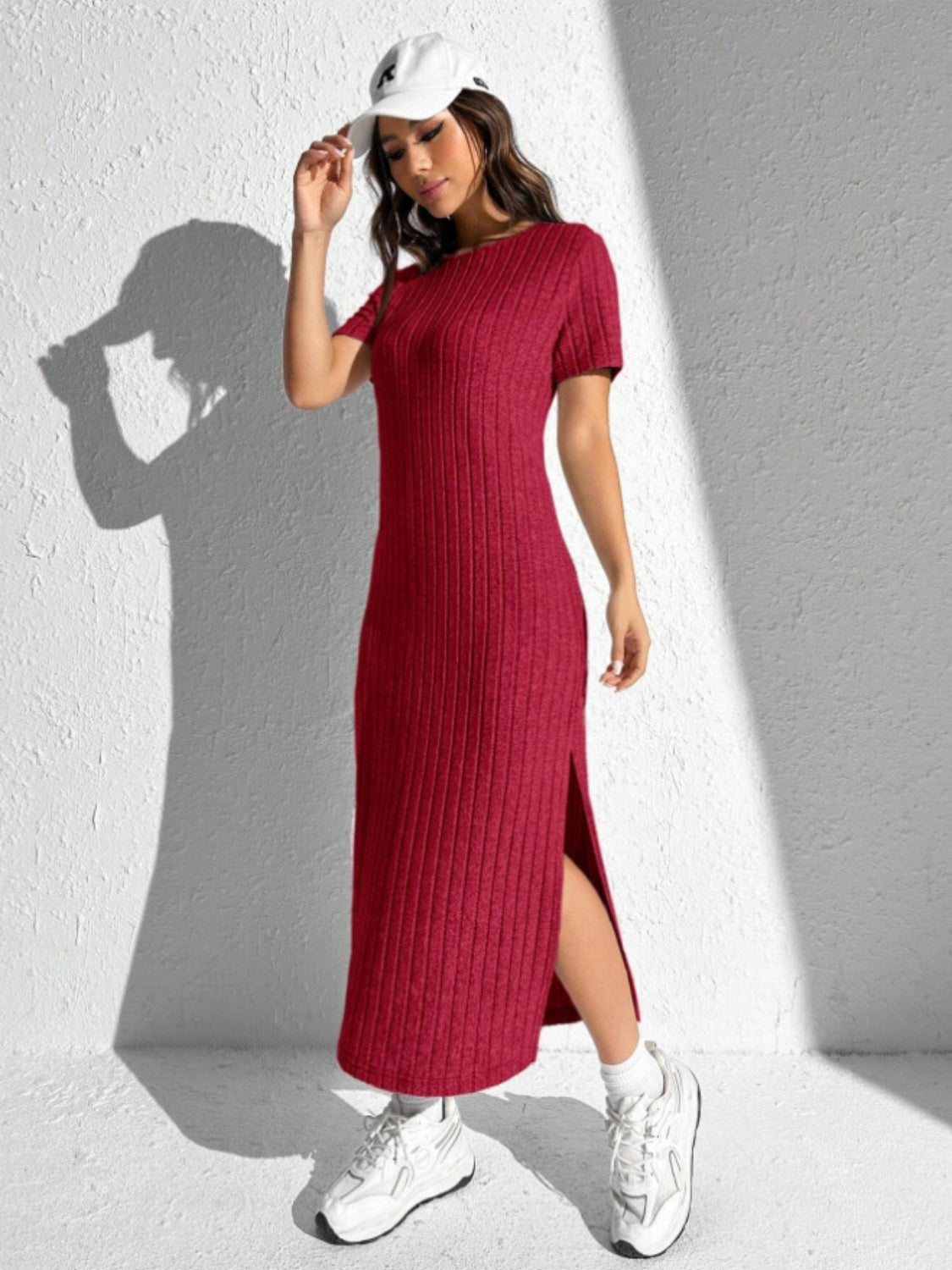 Comfy Slit Round Neck Short Sleeve Sweater Dress