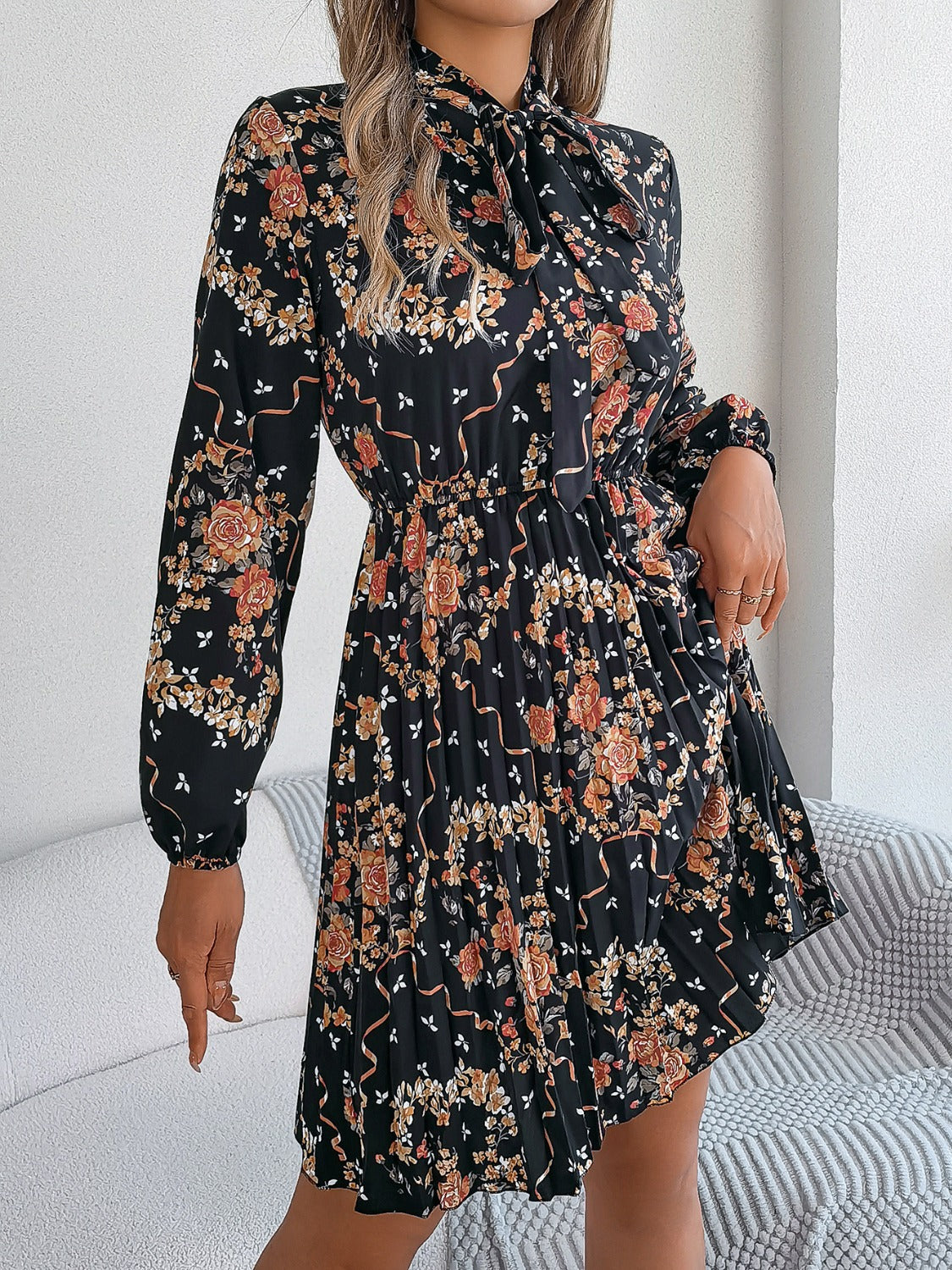 Pleated Floral Tie Neck Long Sleeve Dress