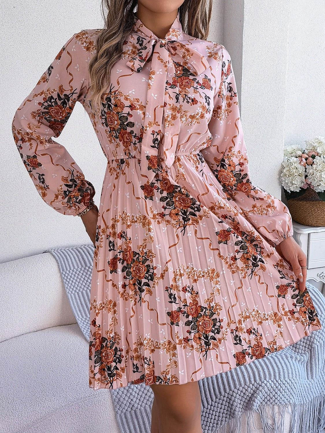 Pleated Floral Tie Neck Long Sleeve Dress