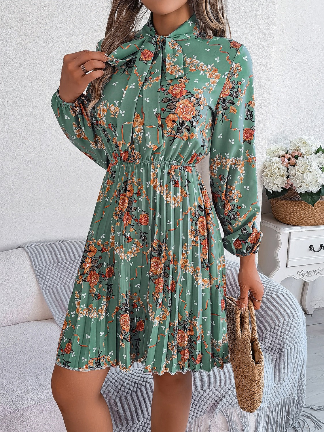 Pleated Floral Tie Neck Long Sleeve Dress