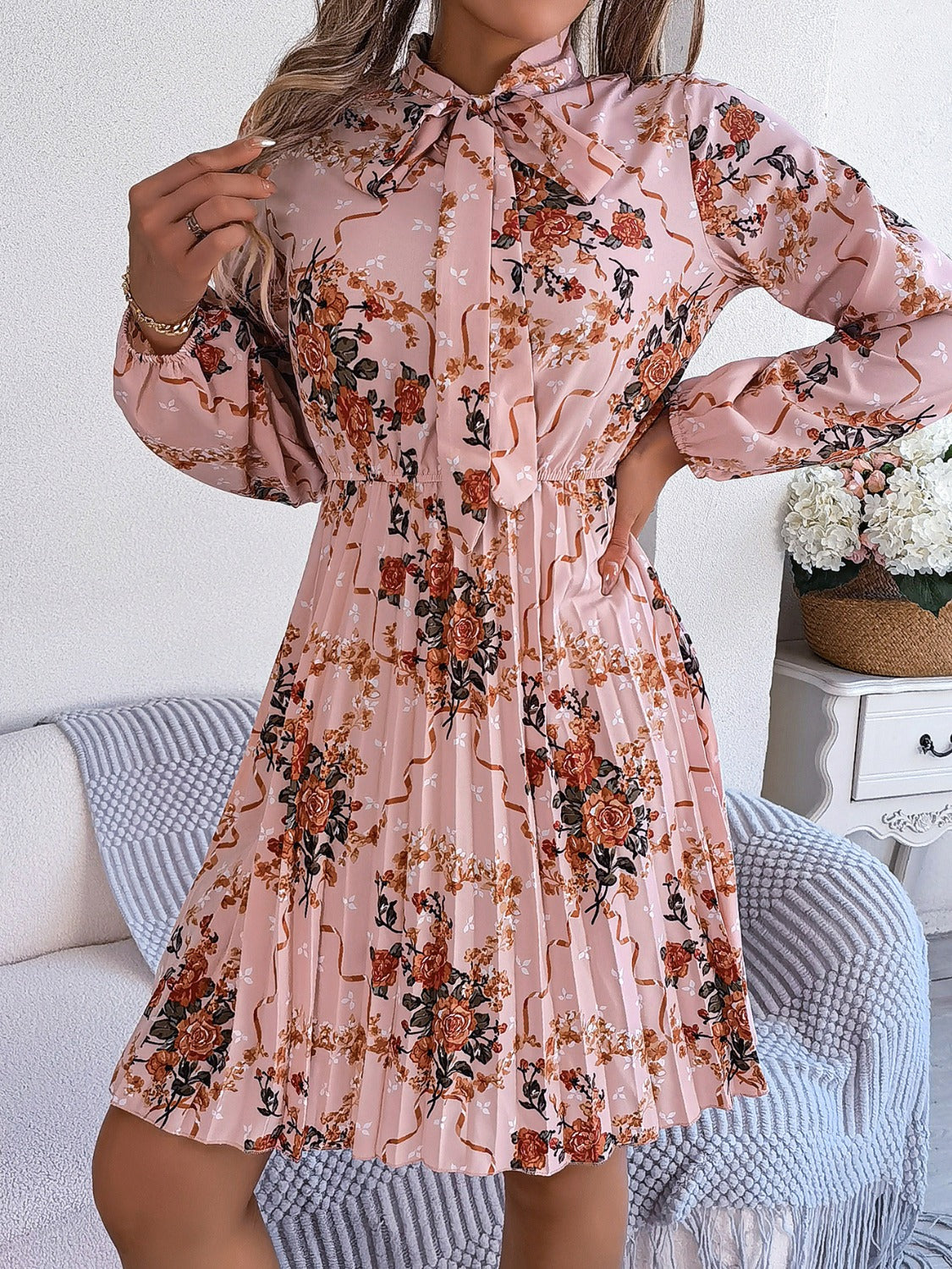 Pleated Floral Tie Neck Long Sleeve Dress