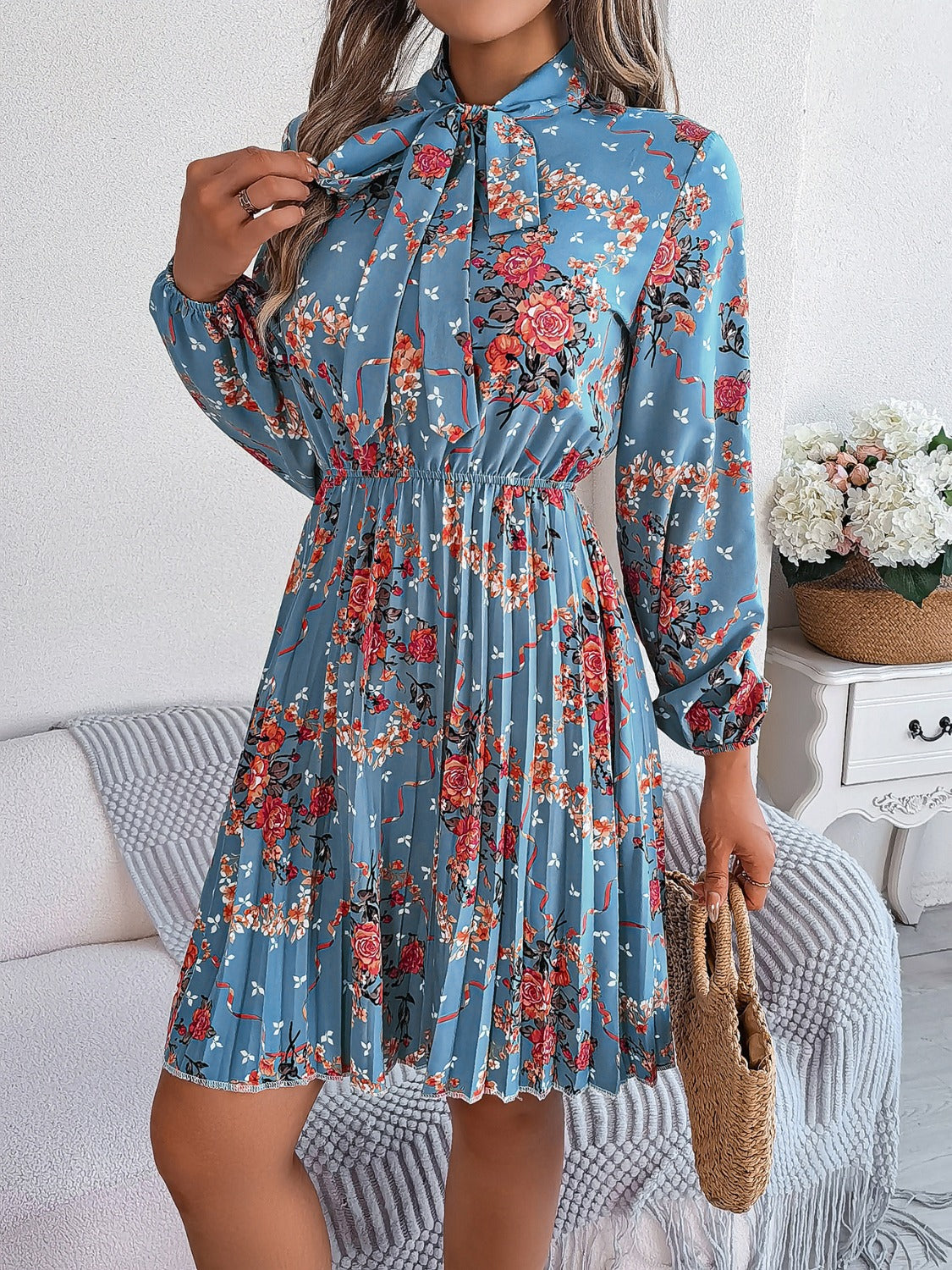 Pleated Floral Tie Neck Long Sleeve Dress