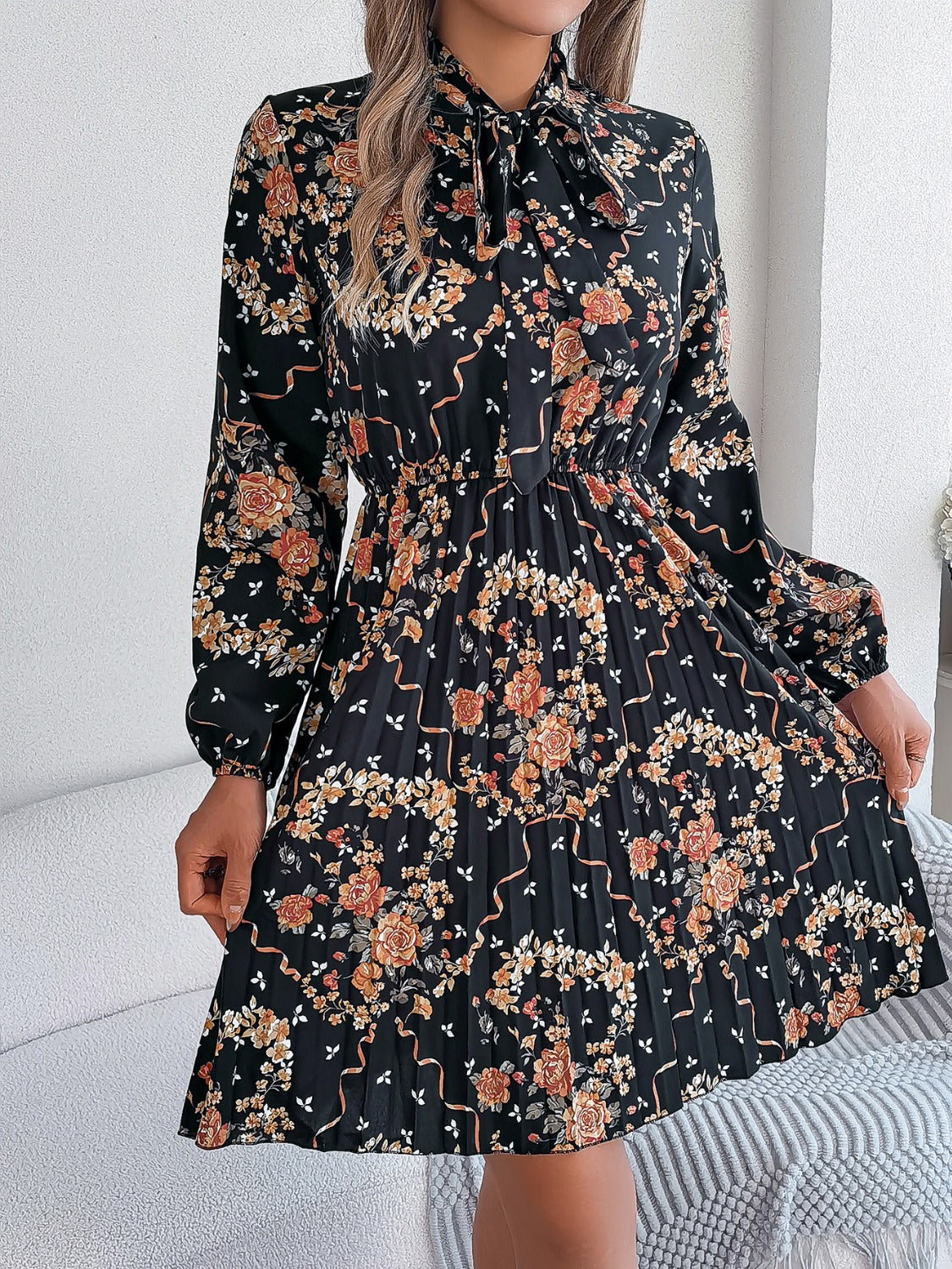 Pleated Floral Tie Neck Long Sleeve Dress