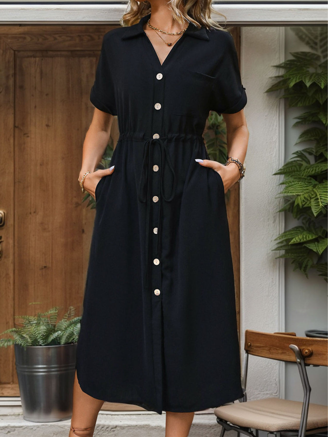 Black Slit Drawstring Button Up Short Sleeve Midi Dress