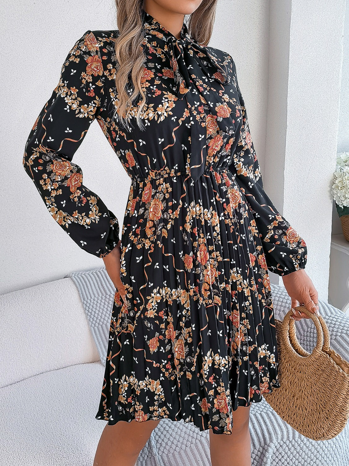 Pleated Floral Tie Neck Long Sleeve Dress