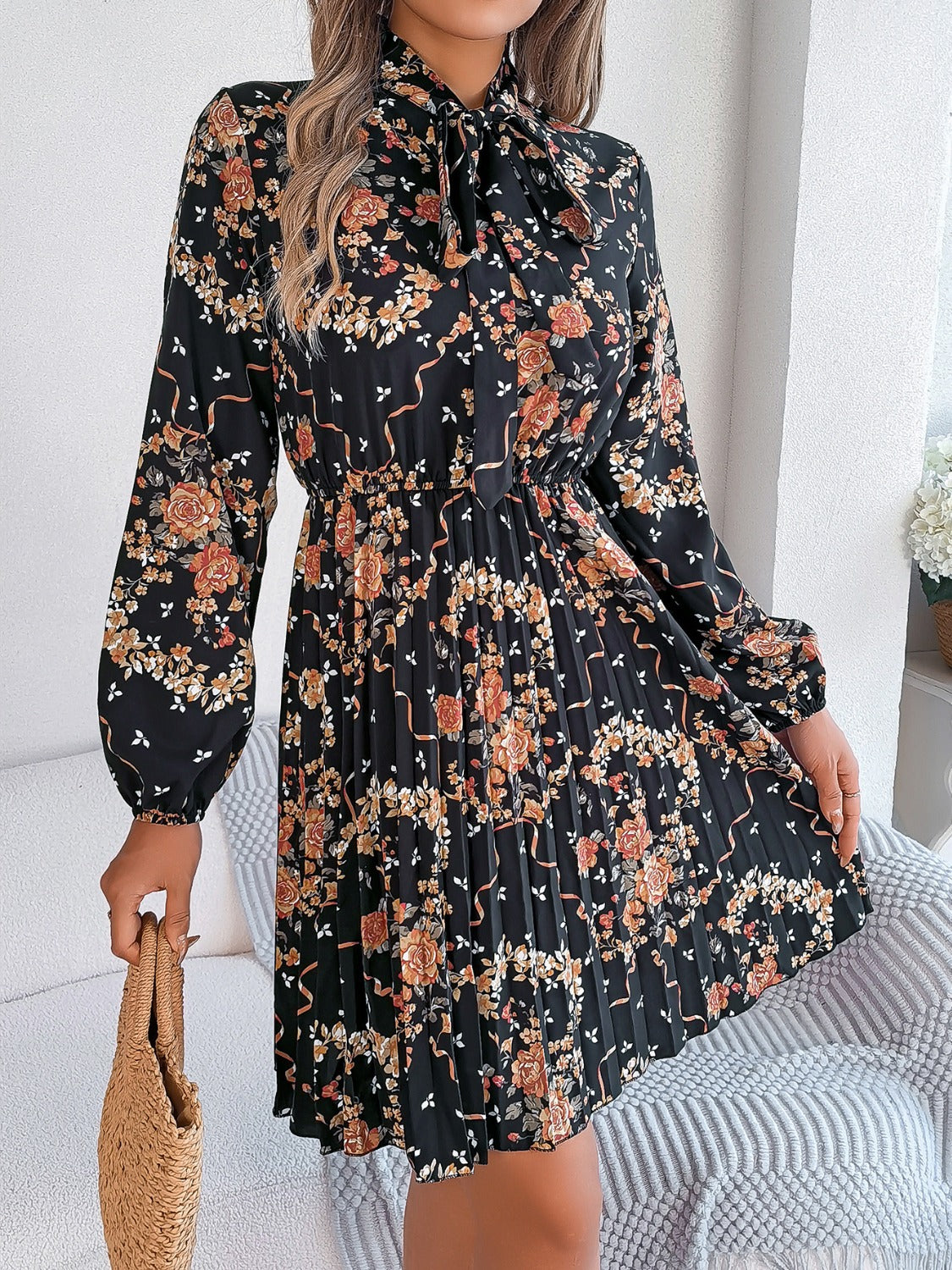 Pleated Floral Tie Neck Long Sleeve Dress