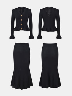 Ruffled V-Neck Top and Midi Skirt Sweater Set